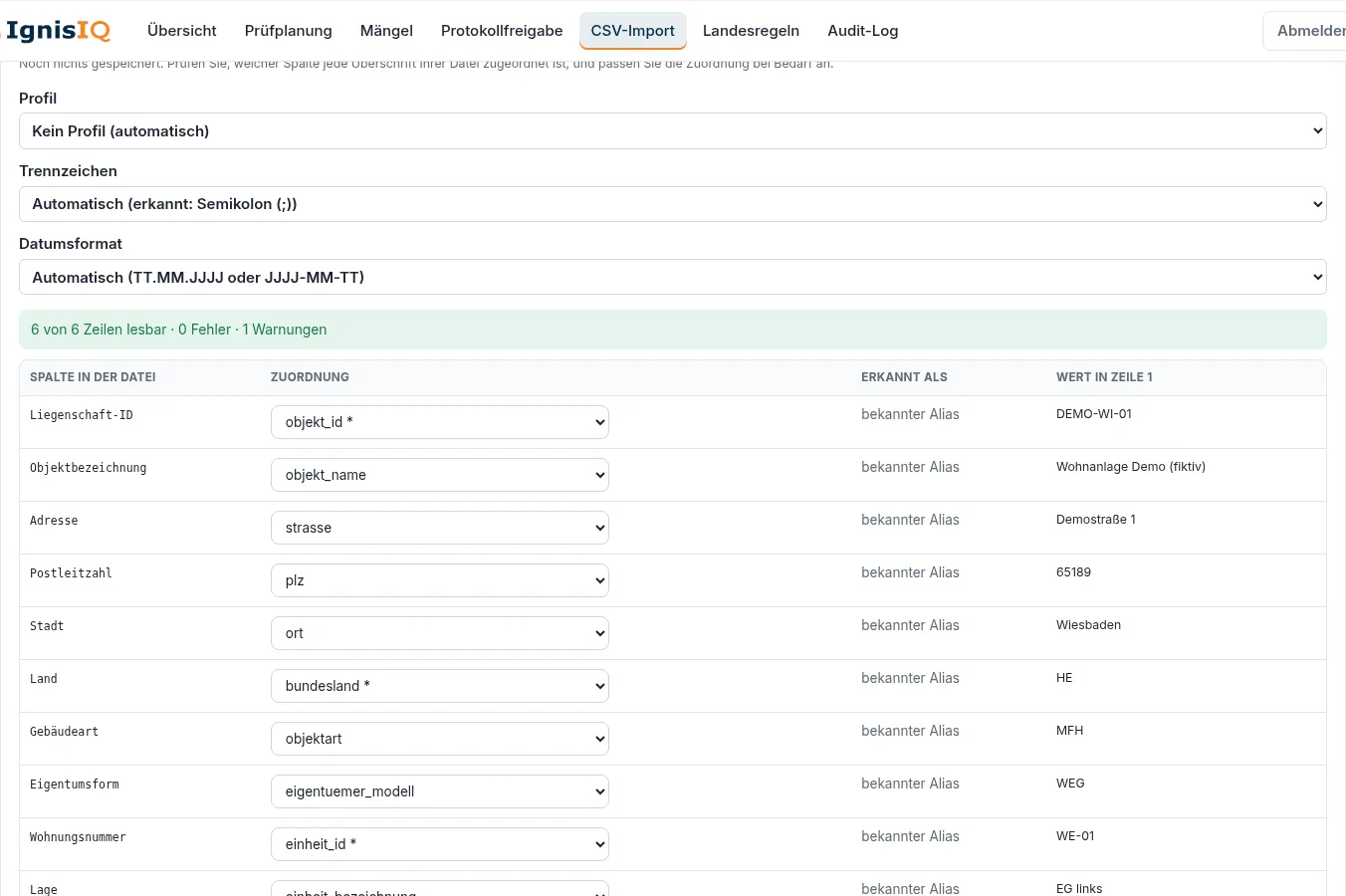 CSV-Import mit Spaltenzuordnung in der Vorschau