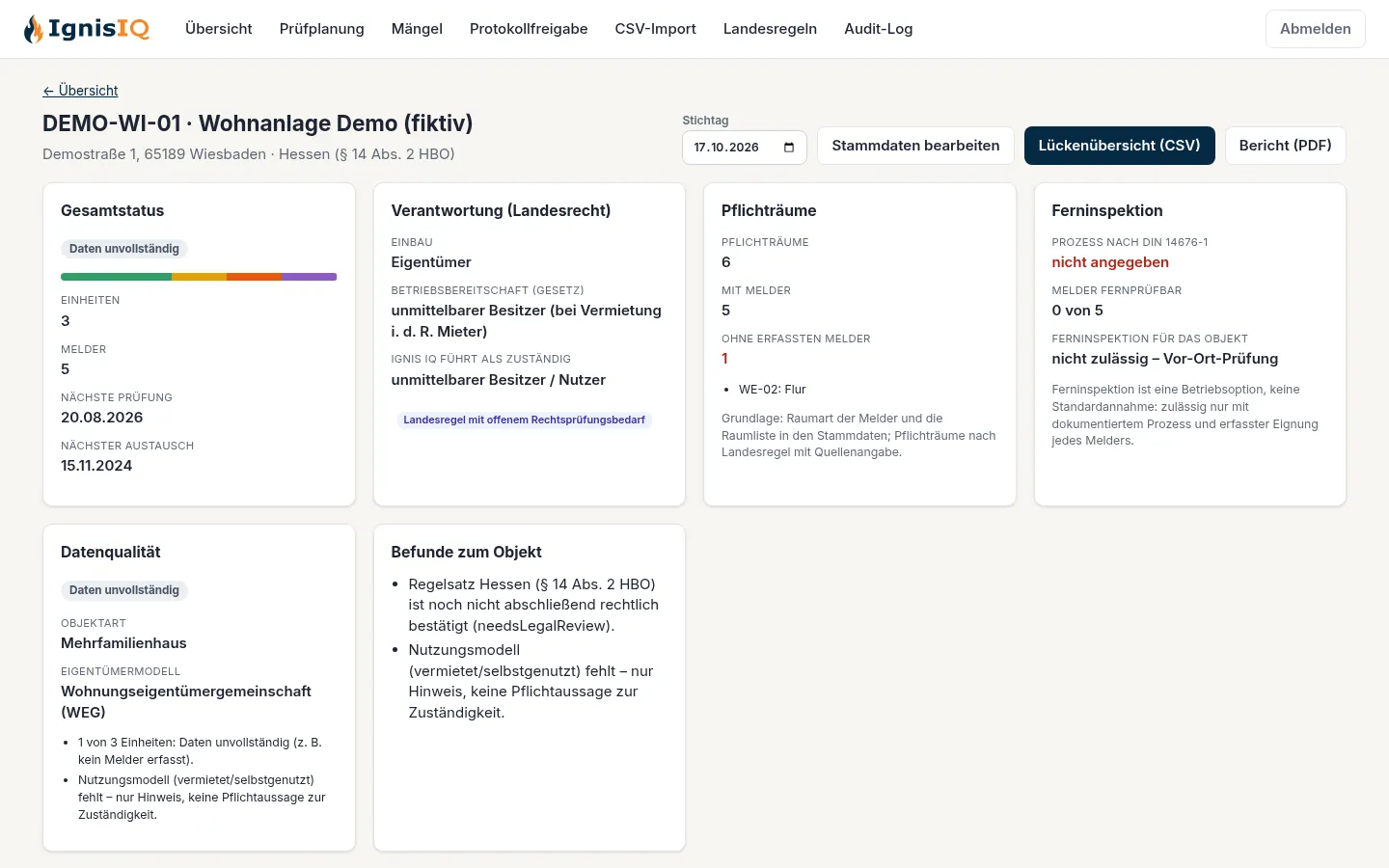 Objektseite mit Gesamtstatus, Verantwortung laut Landesrecht, Pflichträumen und Ferninspektion