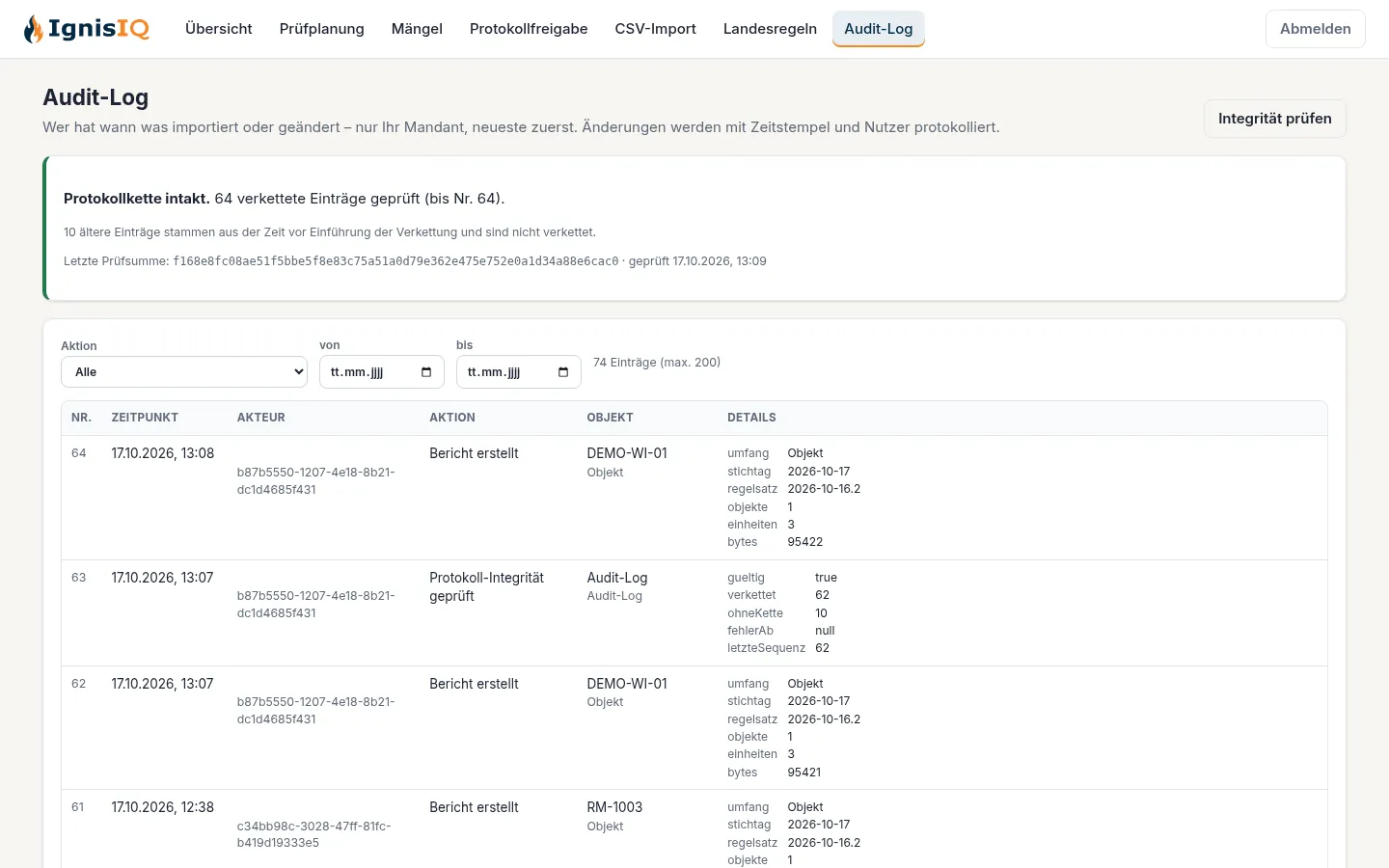Audit-Log mit Integritätsprüfung der Hash-Kette